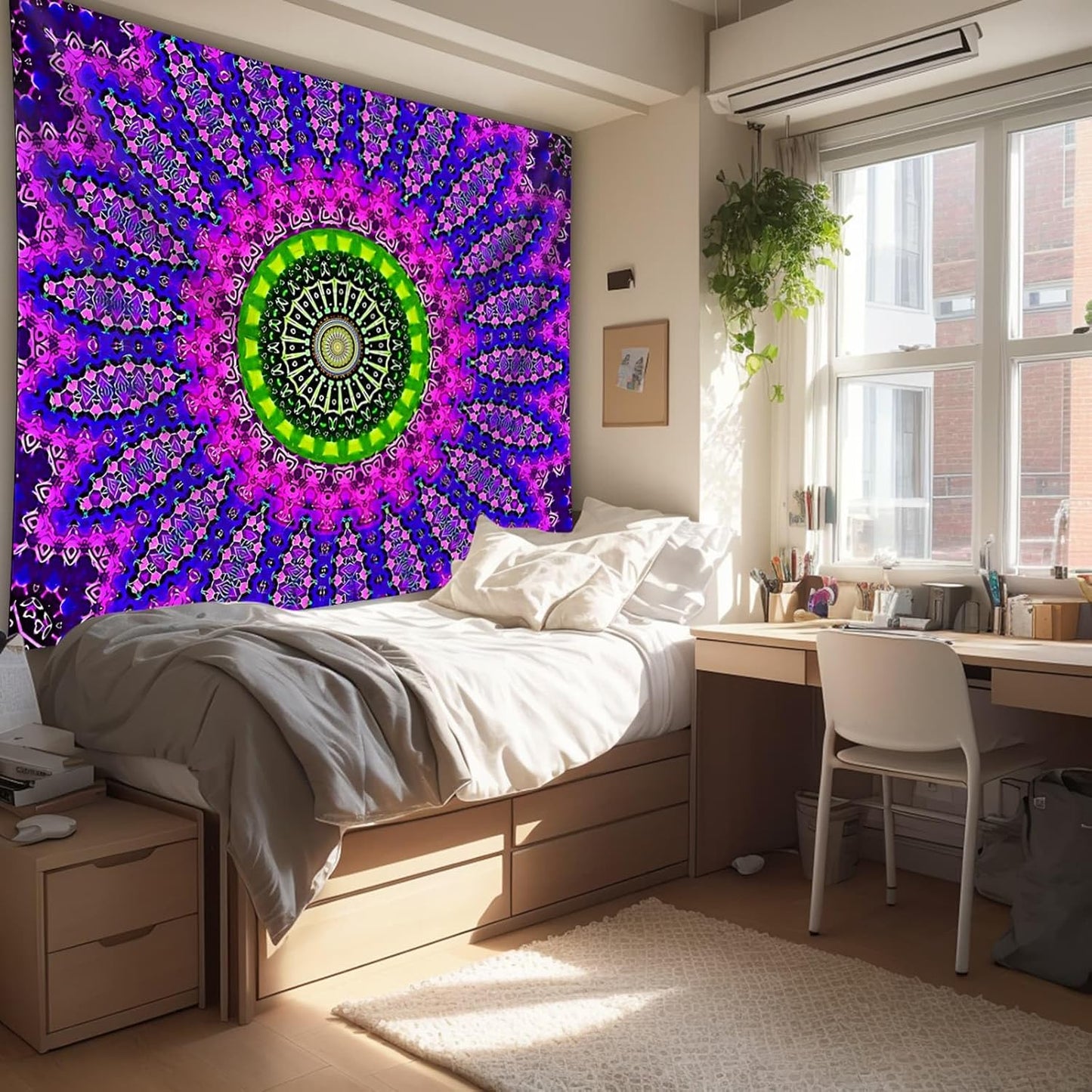 Blacklight Mandala Tapestry for Bedroom, Medium Black Light Posters for Adults and Teens, Red UV Reactive Aesthetic Bohemian Wall Art Decor (60 x 50 Inches)