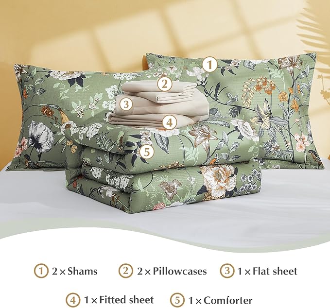 CASAAGUSTO King Size Comforter Set - 7 Pieces Green Floral Bedding Sets, King Bed in a Bag with Botanical Butterfly Comforter, Sheets, Pillowcases & Shams for All Seasons