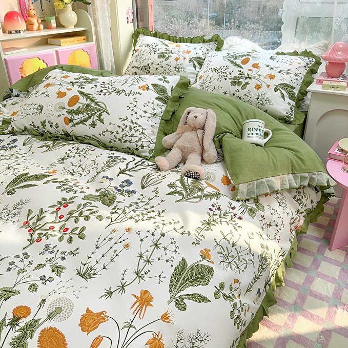 LifeTB Botanical Flower Comforter Set Full Vintage Green Floral Bedding Comforter with Elegant Ruffles Reversible Boho Floral Bedding Set Fluffy Princess Lace Ruffle Comforter Set for Kids Teen Girls