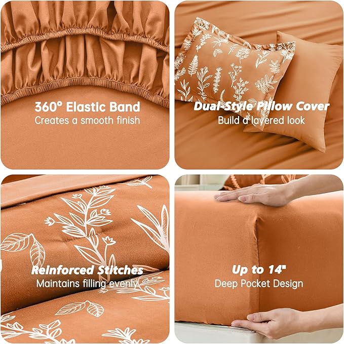 MUXHOMO Burnt Orange Bed in a Bag King 7 Pieces, King Comforter Set Reversible Botanical Flowers Design, Ultra Soft & Breathable Bedding Sets with Comforter, Sheets, Pillowcases & Shams