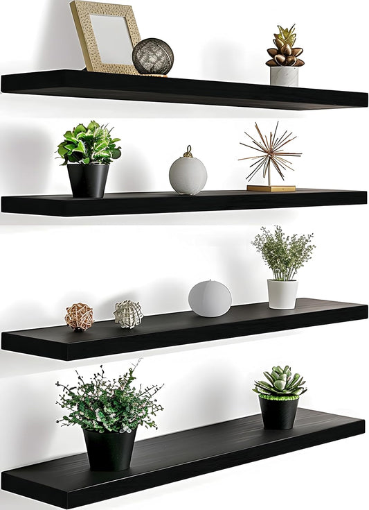 24 Inch Floating Shelves for Wall Rustic Black Wood Wall Shelves for Bedroom Set of 4 - Décor Diaries