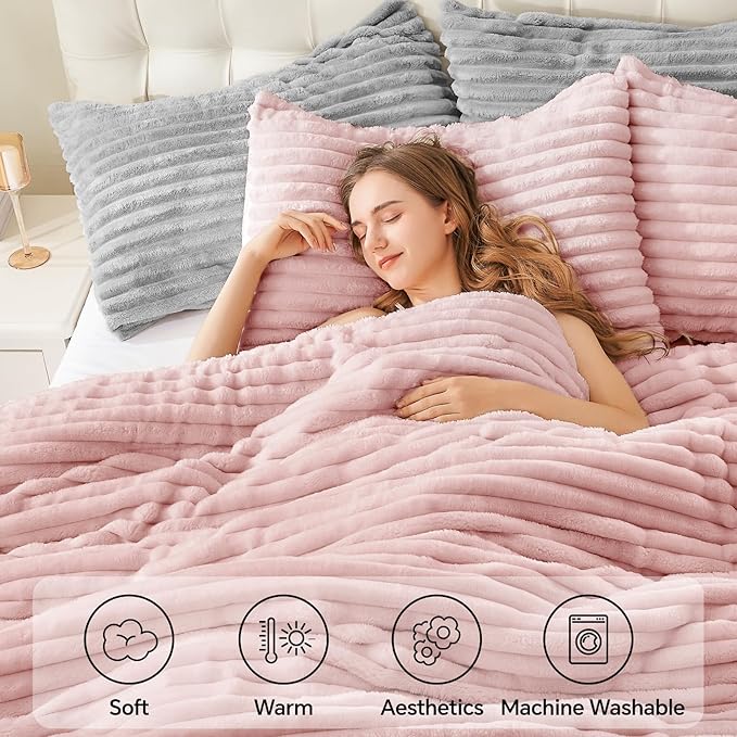 BEDELITE Fleece California King Comforter Set -Super Soft & Warm Fluffy Pink Bedding, Luxury Fuzzy Heavy Bed Set for Winter with 2 Pillow Cases