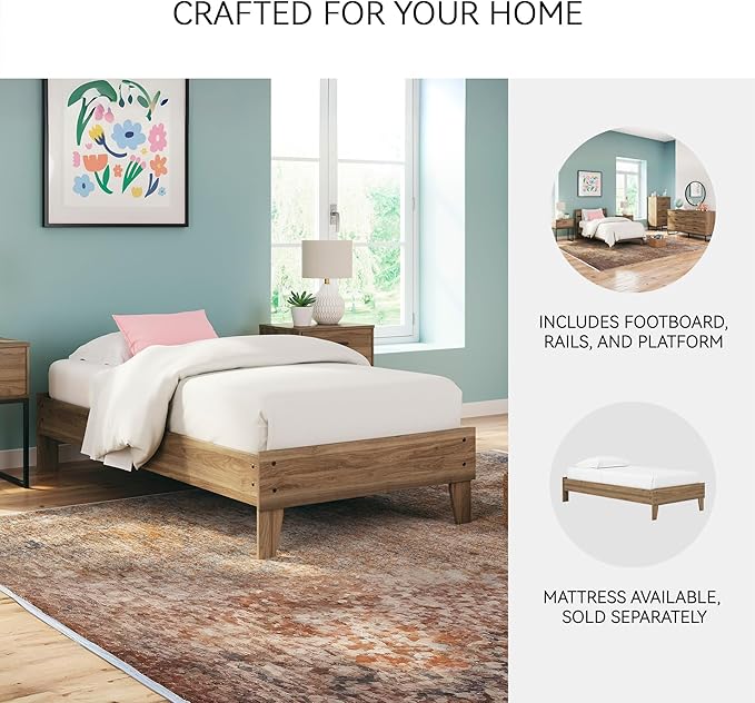 Signature Design by Ashley Deanlow Mid-Century Modern Twin Platform Bed with Metal Slats, Wood, Foundation or Box Spring Not Needed, Honey Brown (Headboard Not Included)