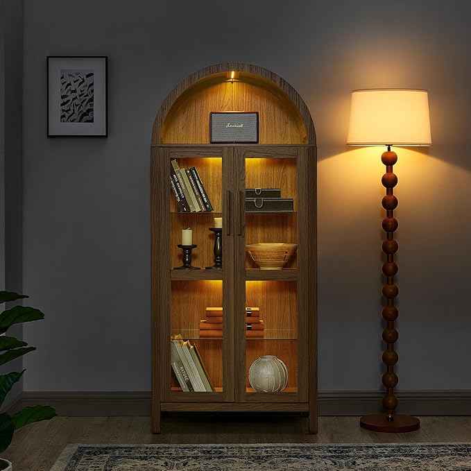 Arched Storage Cabinet with Glass Doors, Wood Display Cabinet with Adjustable Shelves and LED Lighting, 67H x 30W x 15.5D Inches, Modern Retro Style Kitchen Cabinet