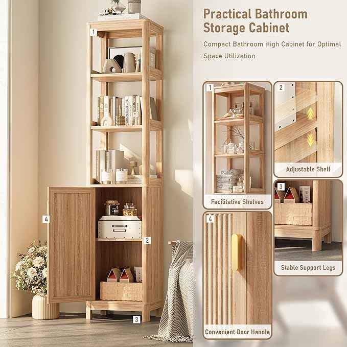 68'' Tall Narrow Storage Cabinet with Adjustable Shelf and Door, Bathroom Storage Cabinet, Space Saver for Bathroom, Kitchen, Living Room, Natural Oak