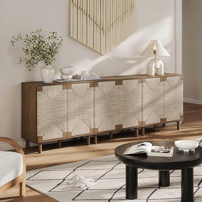 Nathan James Beacon Boho Accent Cabinet with Doors, Free Standing Kitchen Cabinet Storage with Adjustable Interior Shelf and Seagrass Accent, Dark Brown