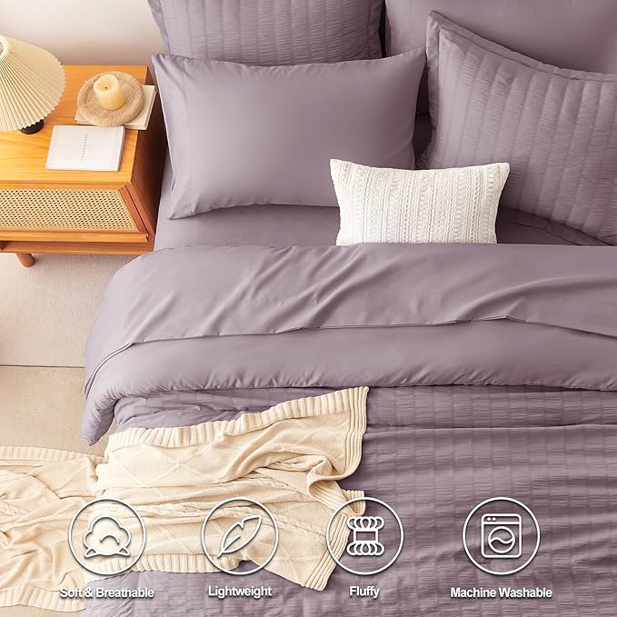 CozyLux Oversized King Comforter Set Dusty Purple Seersucker 7 Pieces 120x98 Bed in a Bag Comforter Set with Sheets, Luxury Bedding Sets with Down Alternative Comforter, Sheets, Pillowcases & Shams