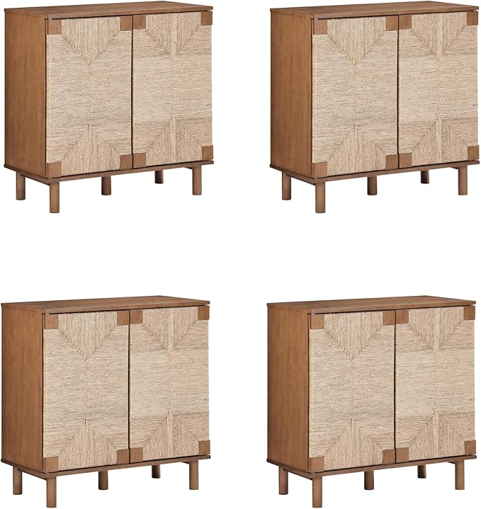 Nathan James Beacon Boho Accent Cabinet with Doors, TV Stand with Adjustable Interior Shelf and Seagrass Accent, Dark Brown, Set of 4