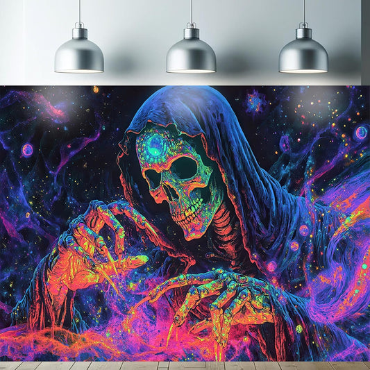 Starlit Patio Blacklight Skull Tapestry Skeleton UV Reactive Glowing Grim Reaper Wall Hanging Trippy Neon Skeleton Art Tapestry for Bedroom Living Room Dorm Aesthetic Gothic Horror Decor 78 x 59 Inch