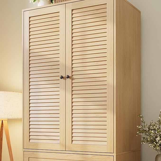 GarveeHome Armoire Wardrobe Closet with Drawers, 69.5 in Wooden Wardrobe Cabinet with Hanging Rod, 2 Doors Clothing Storage Cabinet for Bedroom, Large Capacity Storage, Louvered Door, Natural