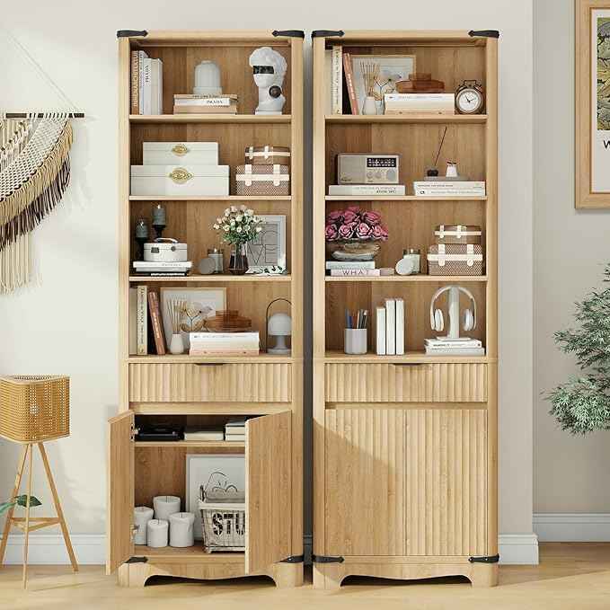Fluted Bookcase with Doors and Drawer, Modern Farmhouse 70.47'' Tall Narrow Bookshelf with Storage, Wooden Floor Standing 6 Shelf Display Book Shelf Organizer for Home Office, Living Room, Oak
