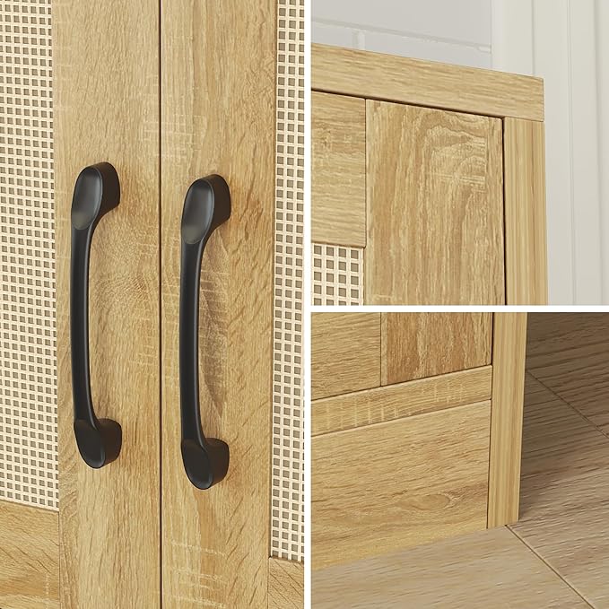 JASIWAY Kitchen Pantry Cabinet, 67" Tall Rattan Storage Cabinet with Doors and Adjustable Shelves, Wooden Linen Pantry Cupboard for Small Spaces Laundry Room Bathroom, Food Snack Towels Storage, Oak
