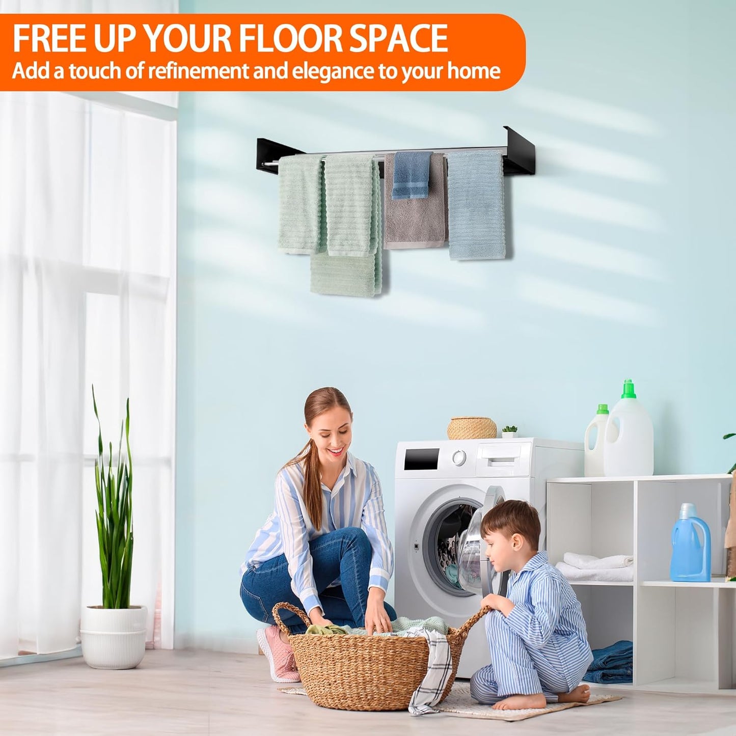 FOCHIER F Laundry Drying Rack Wall Mounted Clothes Drying Rack Collapsible with 5 Aluminum Rods and Drilling Template Long Screwdriver Bit 60 lbs Capacity (Black, 31.5")