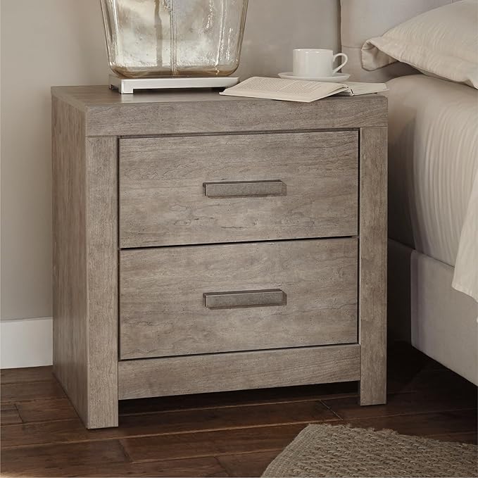 Signature Design by Ashley Culverbach Modern 2 Drawer Nightstand with 2 USB Charging Stations, 24.37" Tall, Weathered Gray