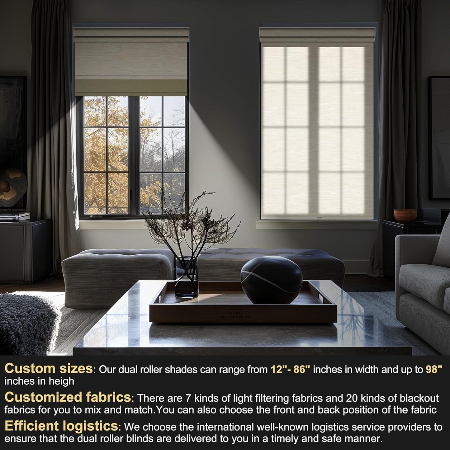 BERISSA Cordless Dual Roller Shades with Cassette Valance,Double Window Shades Blackout and Light Filtering Shades,Day and Night Roller Shades for Home Office Door.Striped Jacquard Beige.45 W x 80" H