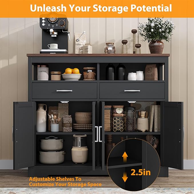 Buffet Sideboard with Storage Farmhouse with 4 Doors, 47'' Large Kitchen Storage Cabinet Wood Coffee Bar Cabinet Buffet Table with Shelves for Kitchen, Dining Room, Entryway
