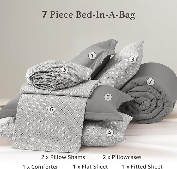 Monbix Full Size Comforter Set - 7 Pieces Granite Grey Prewashed Bed in a Bag Full Bedding Sets with Comforters, All Seasons Ultra Soft Comforter Bed Set with Sheets,Pillowcases & Shams