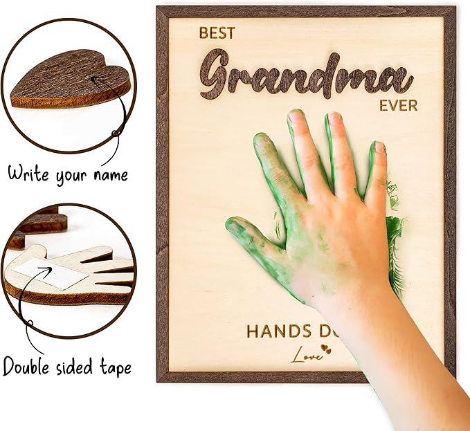 10" Display Size Best Grandma Ever Hands Down Sign – Gift for Grand ma for Birthday, Valentines, Grandparents day,Gifts for Grandma from Granddaughter, Grandson - Grandparent's Day Handprint Gift from Kids, Personalized Wooden Desk Sign for Grandma