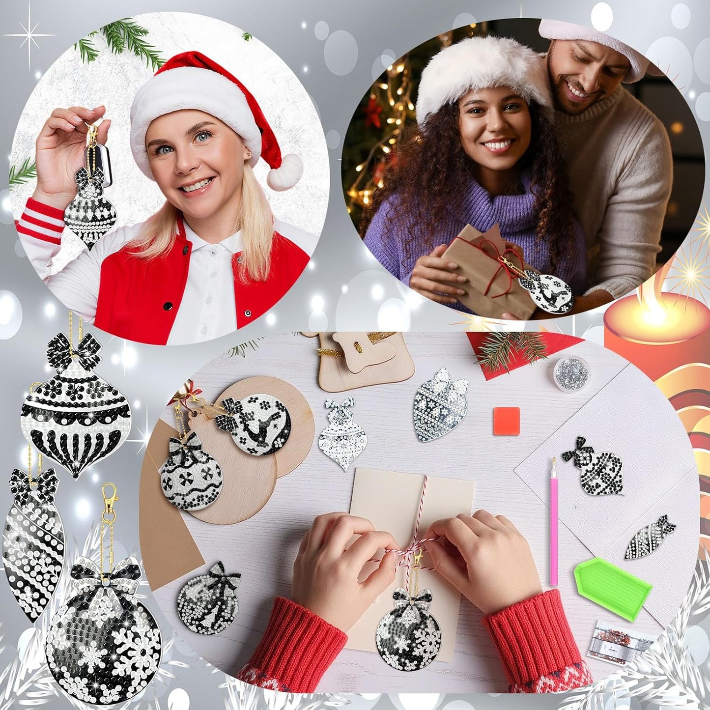 Tondiamo 20 Pcs Christmas Diamond Painting Keychain Kits 5D DIY Diamond Art Pendants Double Sided Hanging Key Chains for Christmas Party Decoration DIY (Black Style)