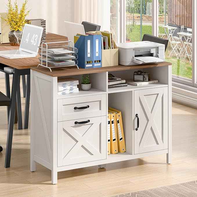 Vabches Lateral File Cabinet, Farmhouse 2 Drawer File Cabinet with Open Storage Shelf for Letter/Legal/A4 Size Hanging Files, Large Wood Storage Cabinets Printer Stand for Home Office, White