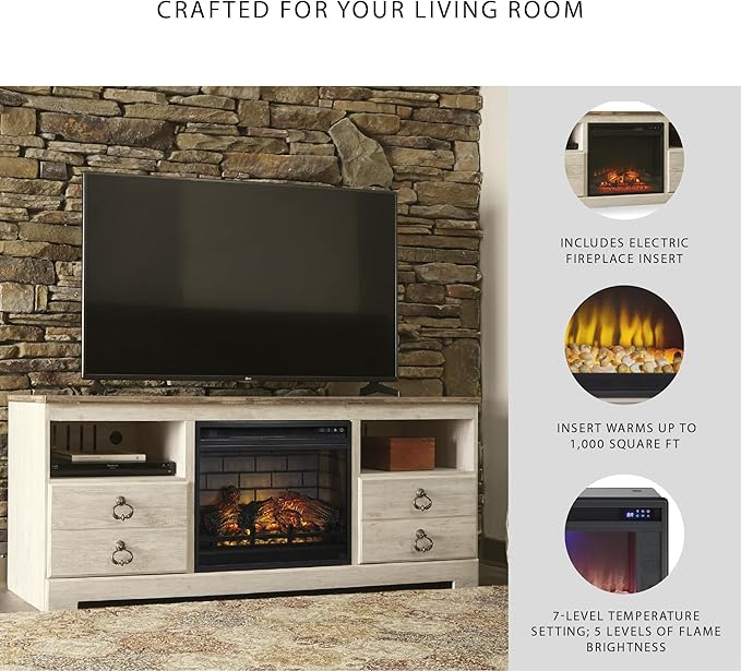Signature Design by Ashley Entertainment Accessories Vintage 64" TV Stand with Electric Fireplace and LED Lights for TVs up to 72", Whitewash