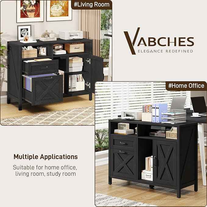Vabches Lateral File Cabinet, Farmhouse 2 Drawer File Cabinet with Open Storage Shelf for Letter/A4 Size Hanging Files, Large Wood File Storage Cabinets Printer Stand for Home Office, Black