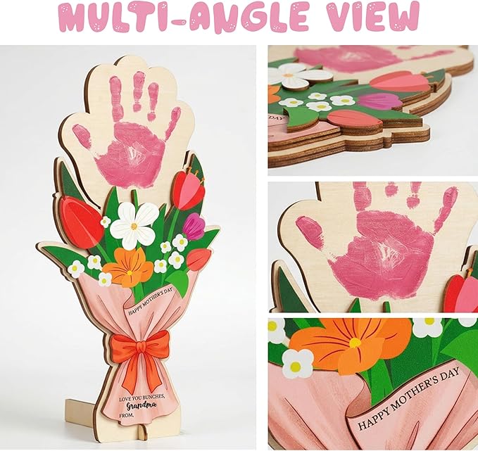 HYPERI DIY Mothers Day Crafts for Kids Handprint Art, Handprints Wooden Rose Flower Bouquet, Mothers Day Gifts for Mom from Kids, for Grandma from Grandkids, Mothers Day Keepsake Craft (Grandma)