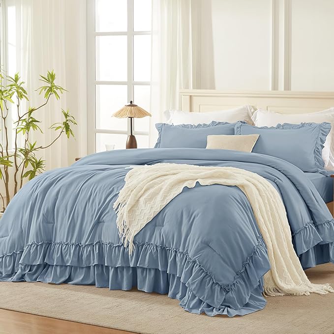 Andency Oversized King Ruffle Comforter Set, 3 Pieces Shabby Chic Farmhouse Bedding Set, Lightweight Soft Comforter Set 120x98 for Girls Women (1 Comforter 2 Pillowcases), Grayish Blue