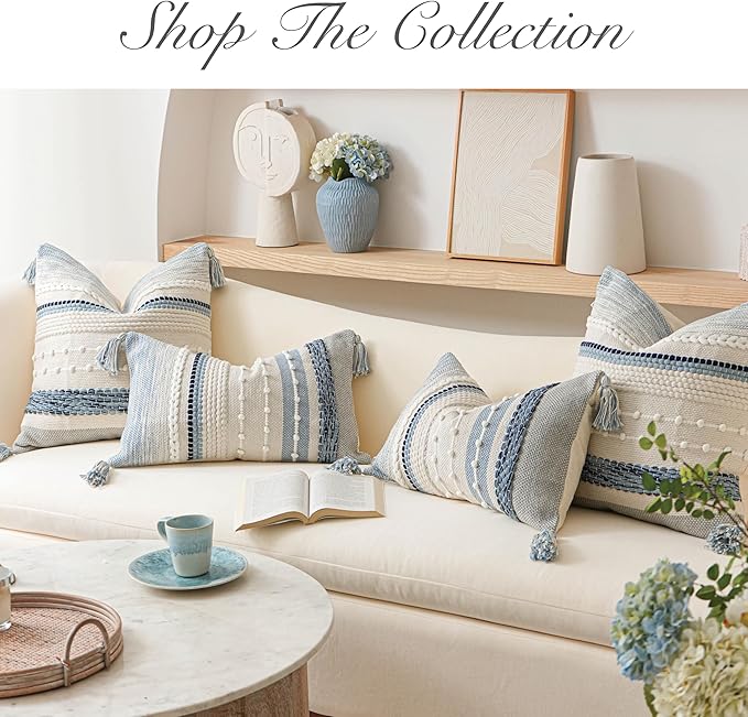 BlissBlush Coastal Blue Boho Decorative Throw Pillow Cover 20x20 Modern Bohemian Accent Pillow Case Square Woven Textured Farmhouse Pillows for Couch Bed (Pack of 1)