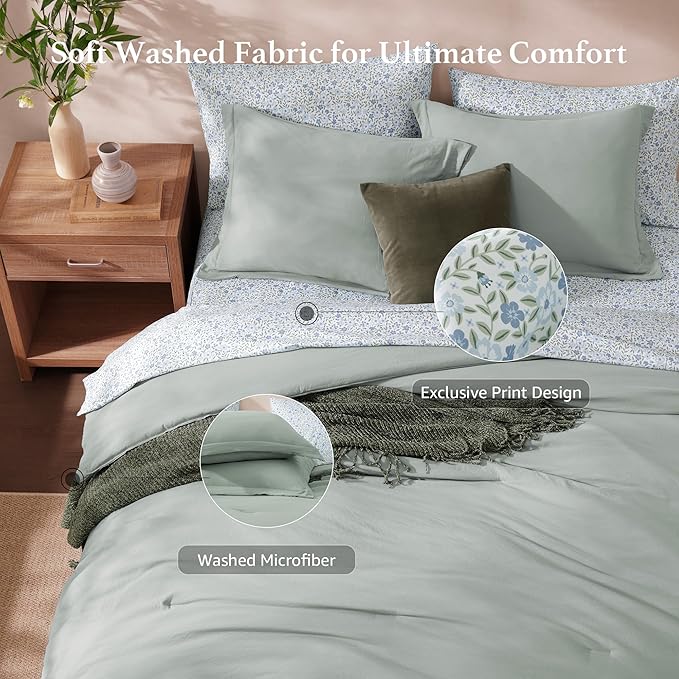 Monbix Queen Comforter Set - 7 Pieces Sage Green Prewashed Bed in a Bag Queen Bedding Sets with Comforters, All Seasons Ultra Soft Comforter Bed Set with Sheets,Pillowcases & Shams