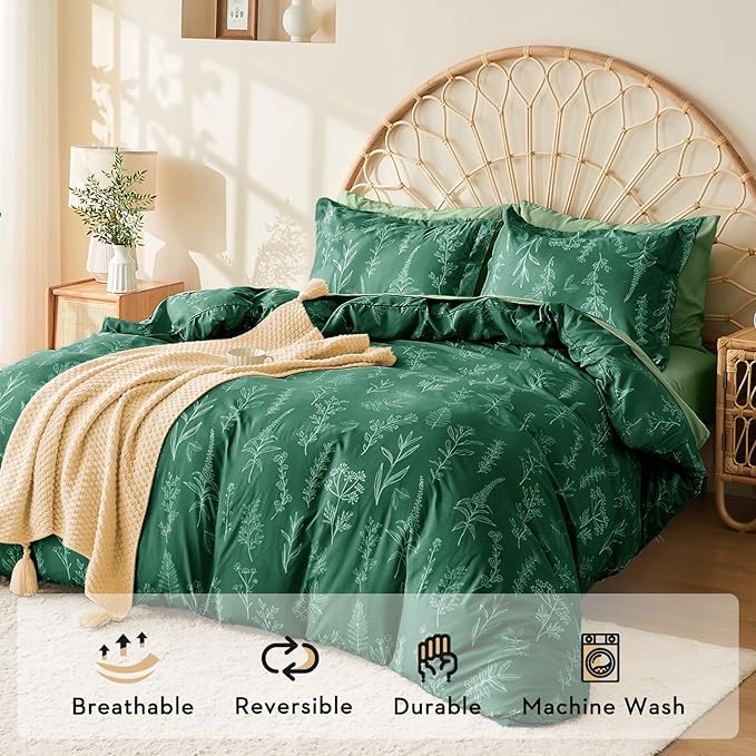 MUXHOMO Emerald Green Full Comforter Set, Elegant Floral Print Bed in a Bag 7 Pieces, Ultra Soft & Breathable Reversible Botanical Pattern Bedding Set with Comforter, Sheets, Pillowcases, and Shams