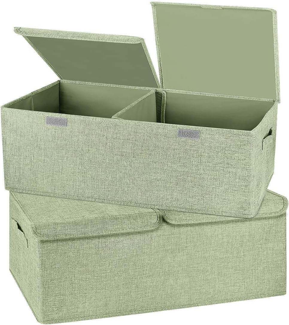 2 Pack Storage Boxes with Lids and Handles, Collapsible Linen Storage Bins Organizer Containers Baskets Cube with Removable Divider for Home Bedroom Closet Office (Green, Small)