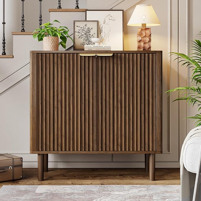 Sideboard Buffet Cabinet with Storage, Modern Fluted Accent Credenza with Doors & Adjustable Shelves, Wood Coffee Bar Console Table for Living Room, Dining Room, Kitchen, Entryway 31.5" Walnut