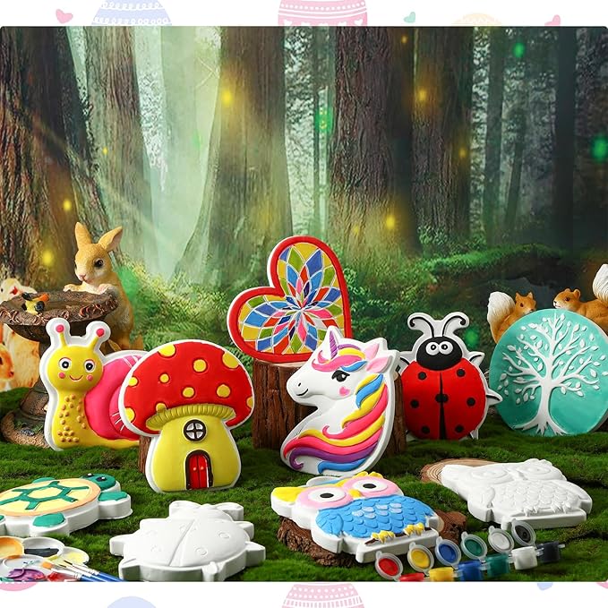 RoundFunny 10 Pack Spring Flower Paint Your Own Stones for Adult DIY Ceramic Butterfly Turtle Ladybug Stepping Stones Painting Craft Kits Painting Supplies Garden Outdoor Stone Art Gifts