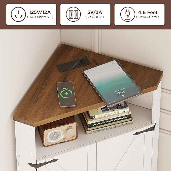 Vabches Farmhouse Corner Cabinet with Charging Station,Small Corner Storage Cabinet with Barn Doors and Adjustable Shelves for Living Room,Bathroom,and Kitchen