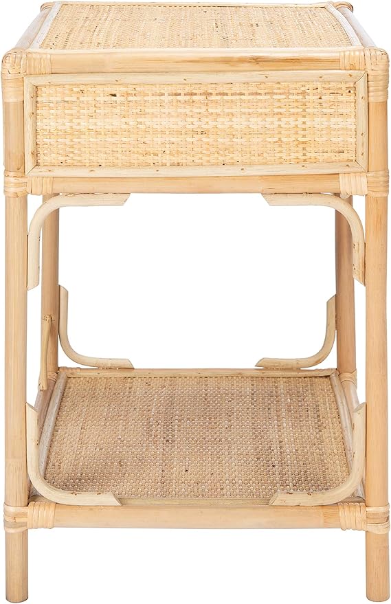 SAFAVIEH Home Collection – Roya Natural Nightstand with Drawer & Shelf, Coastal Accent Table, Bamboo-Style Frame & Rattan Drawer (NST4005A)