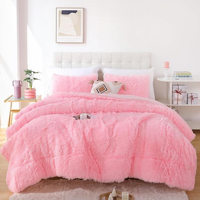 Smoofy Fluffy King Size Comforter Set, Faux Fur Pink Comforter Set, Luxury Fuzzy King Bedding Set, Soft Shaggy Bed Set for All Season, 3 Pieces - 1 Comforter & 2 Pillowcases,