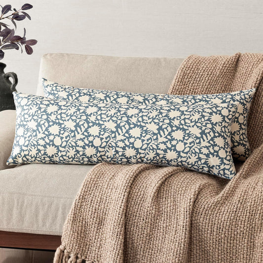 Foindtower Set of 2 Decorative Long Body Lumbar Throw Pillow Covers Accent Farmhouse Cushion Cover Neutral Floral Pillowcase For Couch Sofa Bedroom Living Room Home Decor Outdoor,14×36 Inch,Dusty Blue