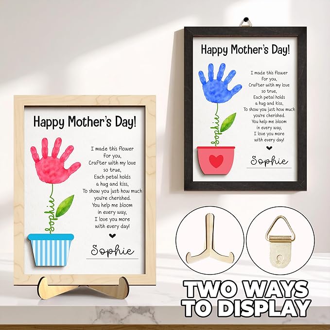 Mothers Day Handprint Gifts for Mom from Daughter Son, Personalized Family Handprint Frame, Custom Family Art Keepsake, DIY Flower Craft Wood Sign with Paint, Gift for New Parents, Grandma, Nana