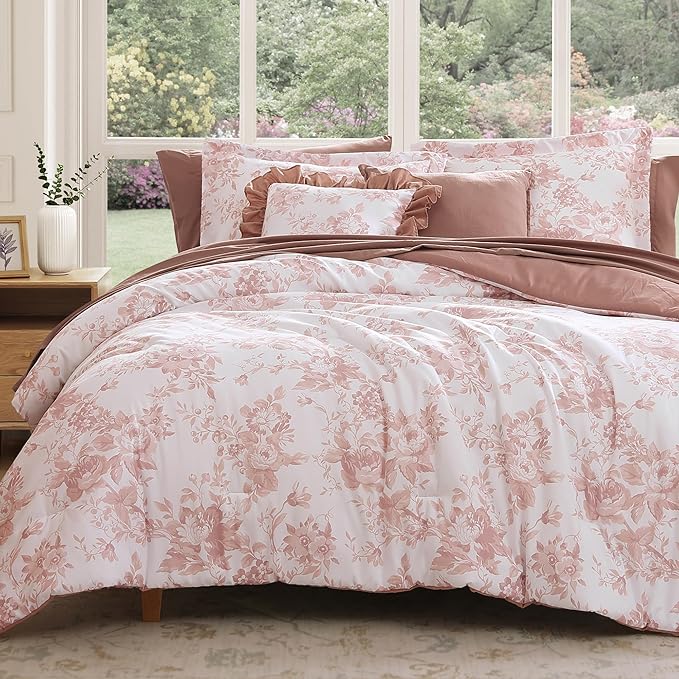 Queen Comforter Set -7 Pieces Pink Floral Comforter Set for All Seasons, Bed in a Bag Queen with Botanical Flowers Comforter, Sheets, Pillowcases & Shams