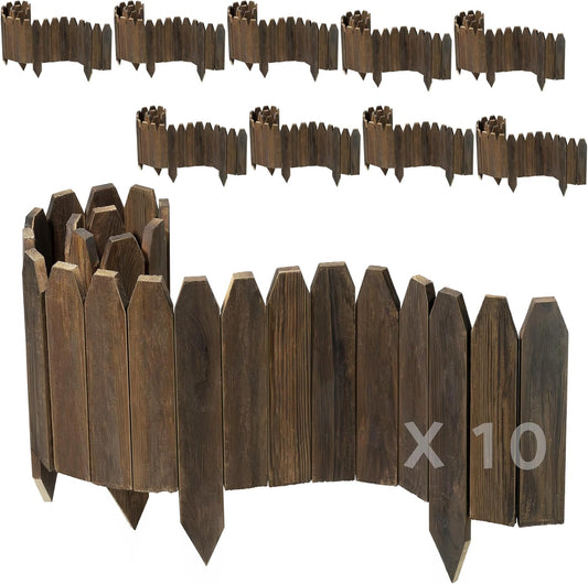 Wood Fence Border for Garden Beds – 9.8" H x 47" L Wooden Landscape Edging Panels, Rustic Decorative Outdoor Divider for Lawn, Path, and Yard Design (9-Pack)