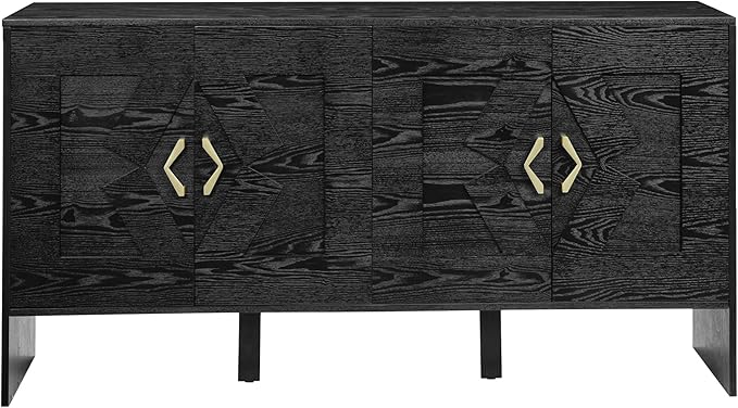Ball & Cast 60" Mid Century Modern Sideboard Buffet Cabinet with Storage, Credenza & Media Console w/Geometric Pattern Doors & Adjustable Shelves for Living Room,Kitchen Coffee Bar,Entryway,Black