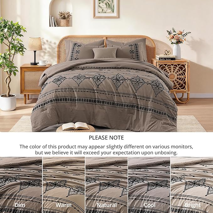 MaiRêve King Size Comforter Set Taupe Grey, Embroidery Floral Western Boho Bedding Set, All Season 7 Pieces Bed in a Bag with Sheets, Pillowcases & Shams
