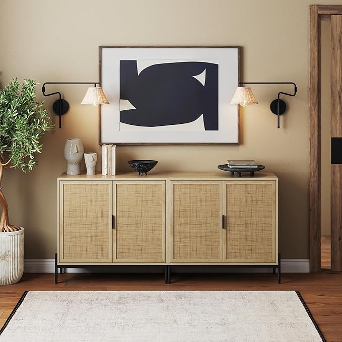 Nathan James Andrew Bohemian TV Stand or Kitchen Sideboard Credenza, Rattan Accent Cabinet with Metal Legs, Light Oak/Matte Black, Set of 2