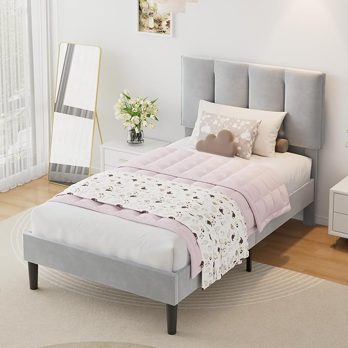 VECELO Twin Size Bed Frame with Upholstered Headboard, Heavy-Duty Bedframe with Wooden Slats & Steel Framework, Easy Assembly, Light Grey