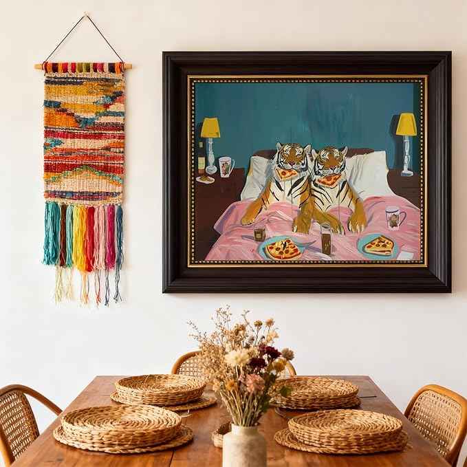 LSXARTQQ Framed Funny Tiger Pizza Wall Art Dark Brown Frame Bedroom Picture Print Vintage Fun Tigers Couple Canvas Wall Decor Maximalist Blue Pink Eclectic Jungle Animal Paintings(12x16inch)