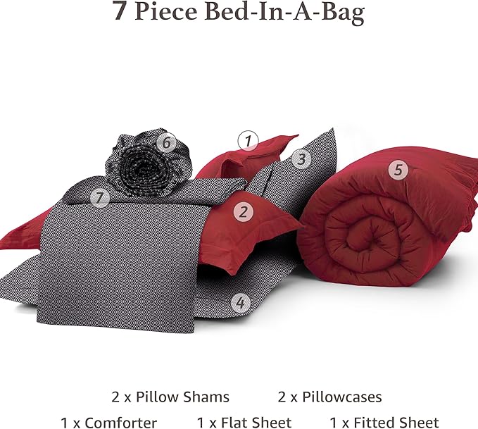 Monbix Full Size Comforter Set - 7 Pieces Bright Red Prewashed Bed in a Bag Full Bedding Sets with Comforters, All Seasons Ultra Soft Comforter Bed Set with Sheets, Pillowcases & Shams