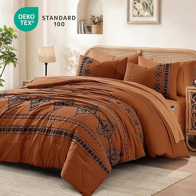 MaiRêve Full Size Comforter Set Burnt Orange, Embroidery Floral Western Boho Bedding Set, All Season 7 Pieces Bed in a Bag with Sheets, Pillowcases & Shams