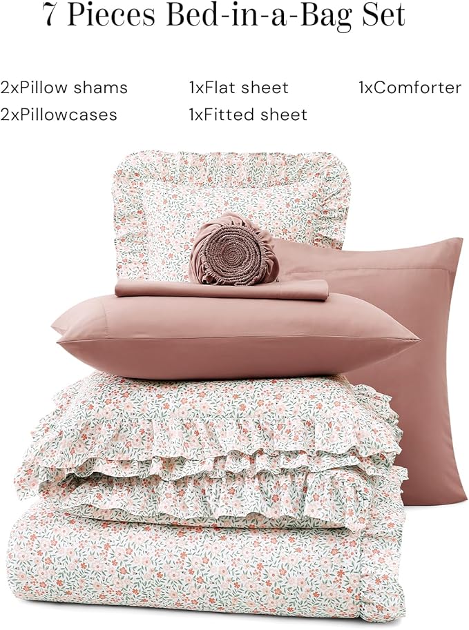 Queen Comforter Set - 7 Pieces Ruffle Pink Ditzy Bedding Sets, Shabby Chic Farmhouse Bed in a Bag Queen with Floral Comforter, Sheets, Pillowcases & Shams