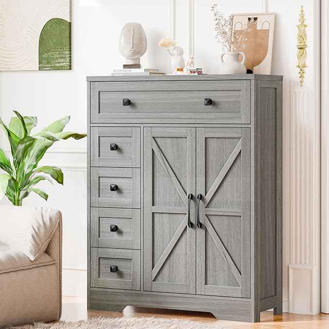 Vabches Farmhouse Storage Cabinet with 2 Doors and 5 Drawers, Freestanding Bathroom Cabinets Kitchen Pantry, Floor Storage Cabinet Hutch Cupboard for Living Room/Bathroom/Kitchen.Wash Grey